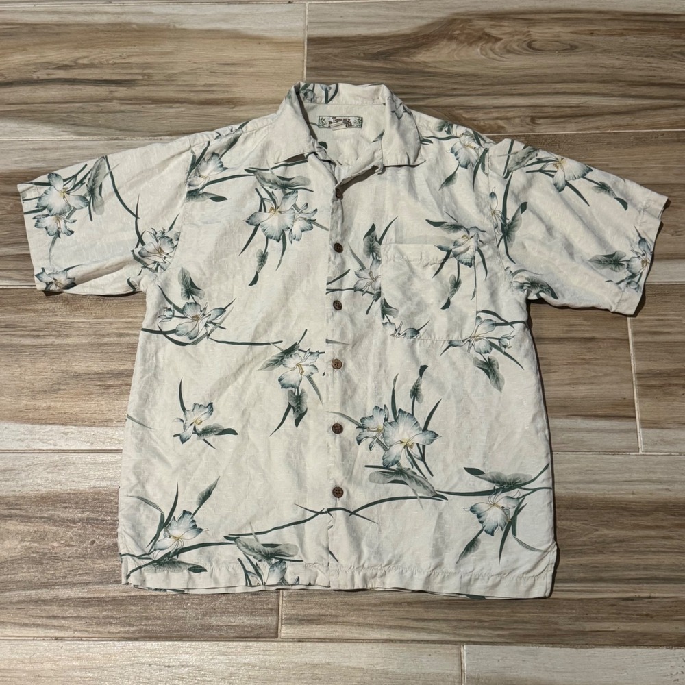 Tommy Bahama Mens Small 100% Silk Floral Camp Shirt White Blue Short Sleeve